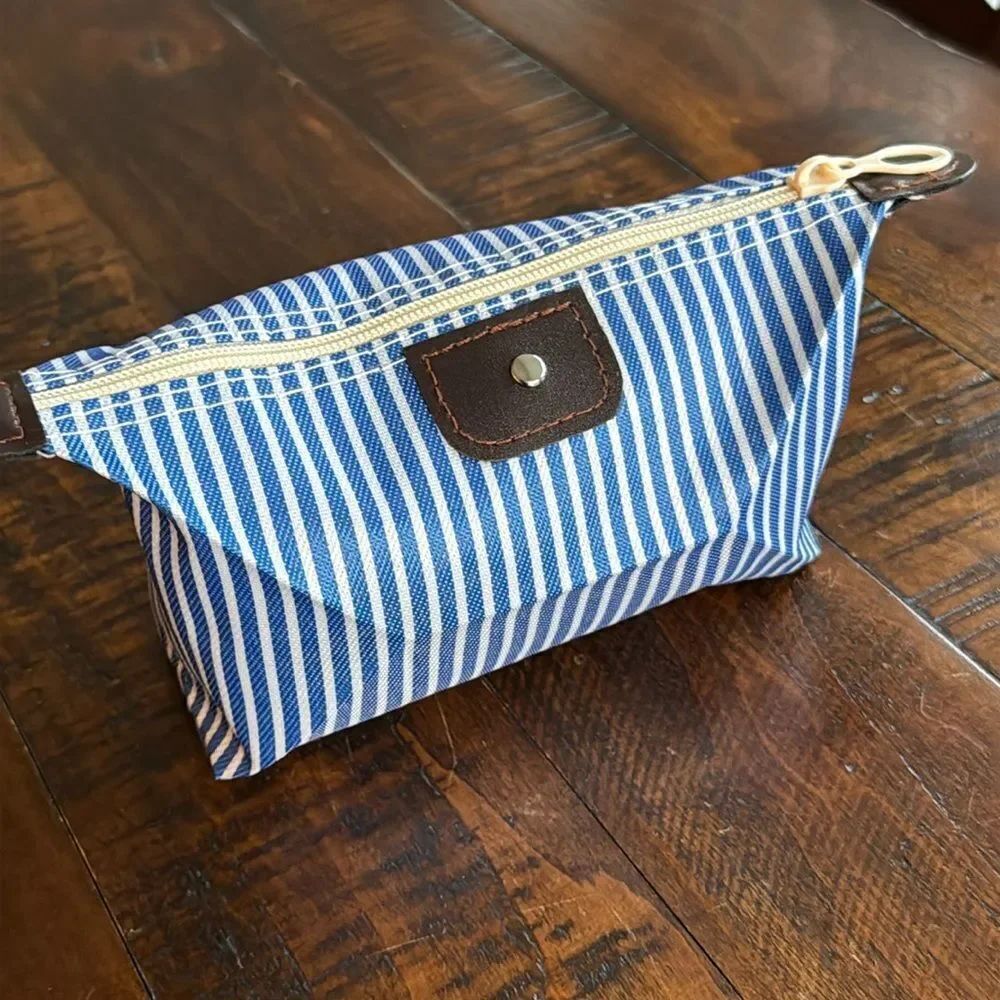 Blue White Striped Canvas Makeup Bag Travel Organizer Toiletry Cosmetic Pouch